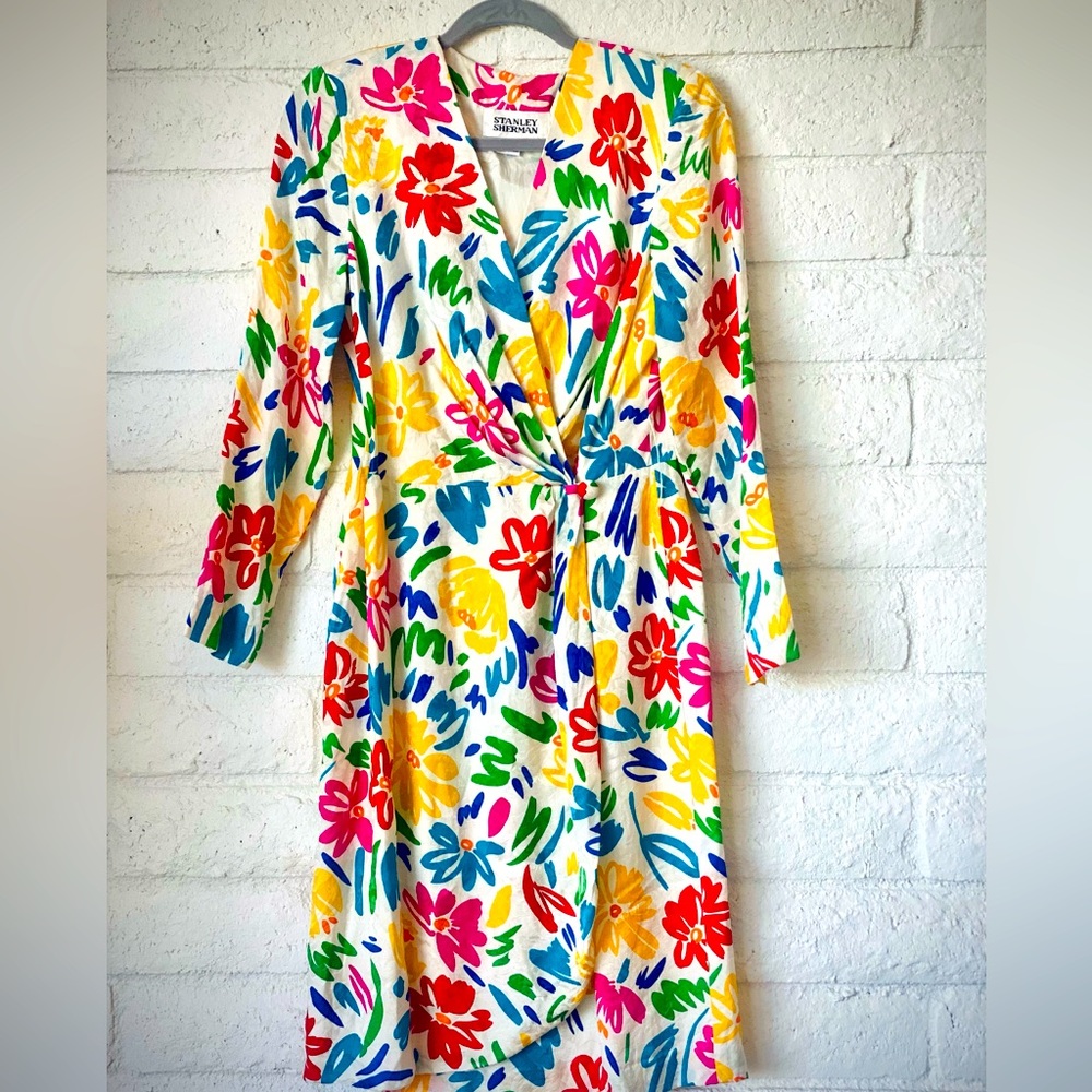 SOLD Vintage 100% Silk Dress Stanley Sherman 80’s Green Blue Red Pink Floral